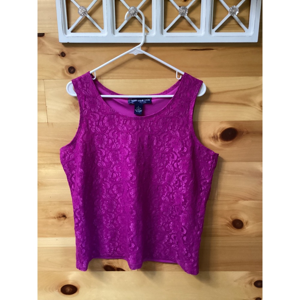 Susan Graver Style Women Magenta Pink Floral Lace Sleeveless Scoop Neck Top L